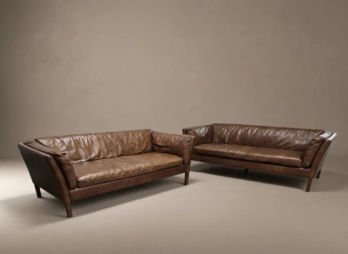 Pair of John Lewis & Partners Halo 'Groucho' 3 - Seater Leather Sofas – Riders Nut - Opulent Seating