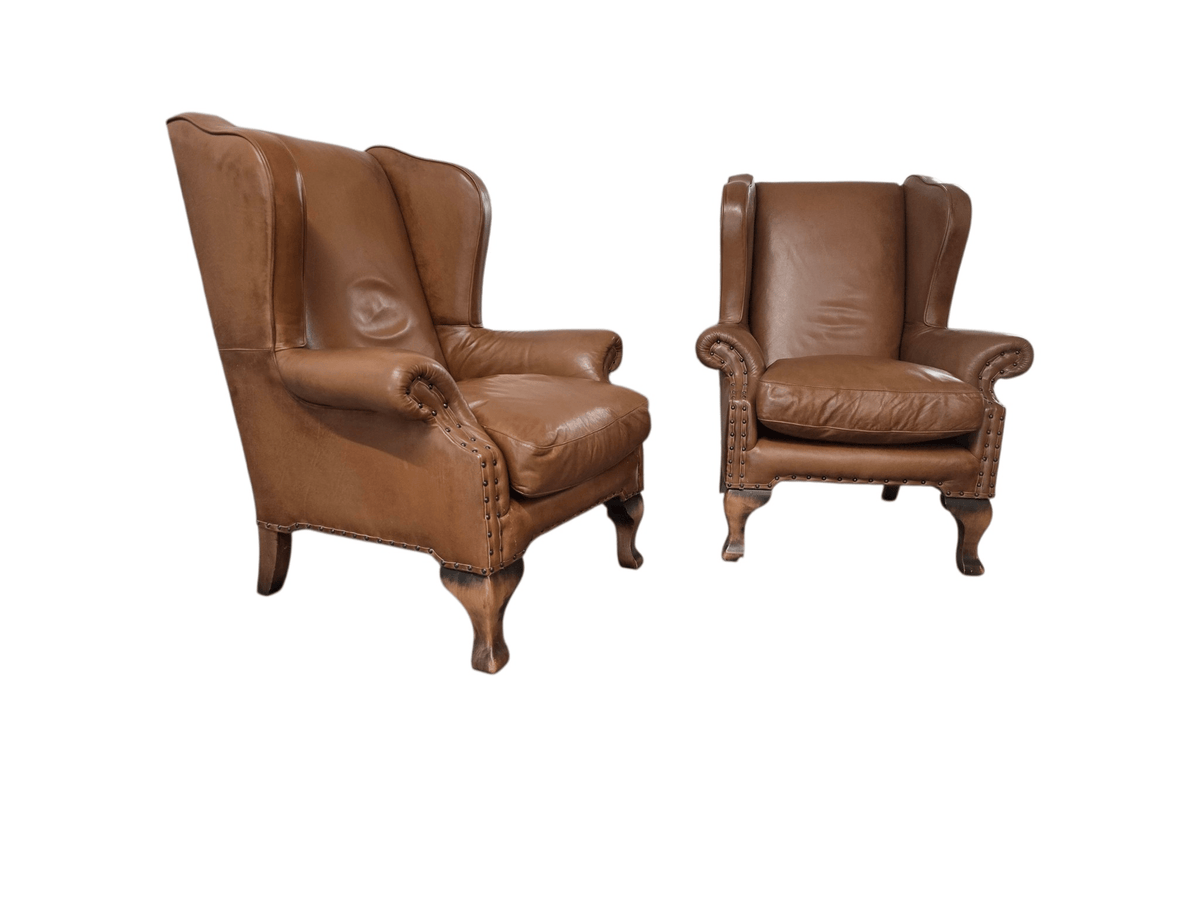 Pair of John Lewis Tetrad 'Compton' Brown Leather Armchairs & Matching Footstool - Opulent Seating