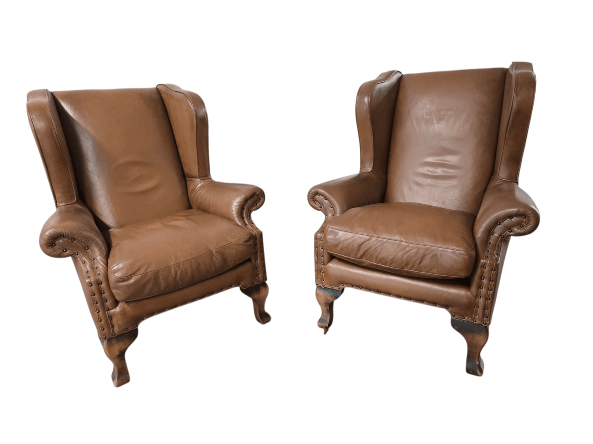 Pair of John Lewis / Tetrad 'Compton' Brown Leather Armchairs & Matching Footstool - Opulent Seating