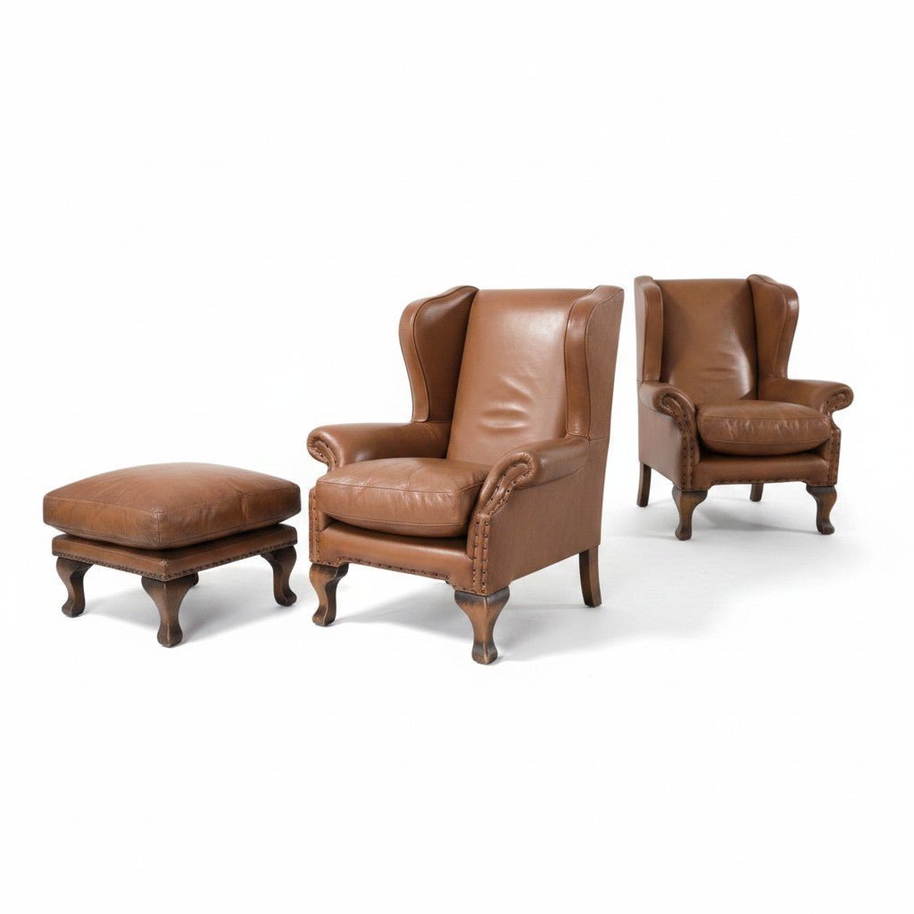 Pair of John Lewis Tetrad 'Compton' Brown Leather Armchairs & Matching Footstool - Opulent Seating