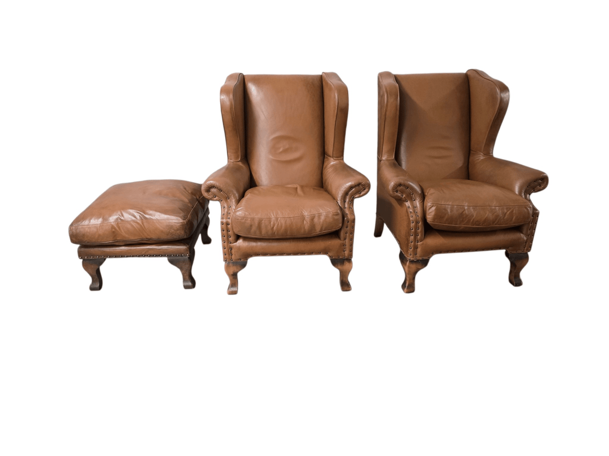 Pair of John Lewis / Tetrad 'Compton' Brown Leather Armchairs & Matching Footstool - Opulent Seating