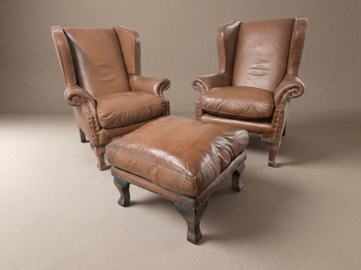 Pair of John Lewis / Tetrad 'Compton' Brown Leather Armchairs & Matching Footstool - Opulent Seating