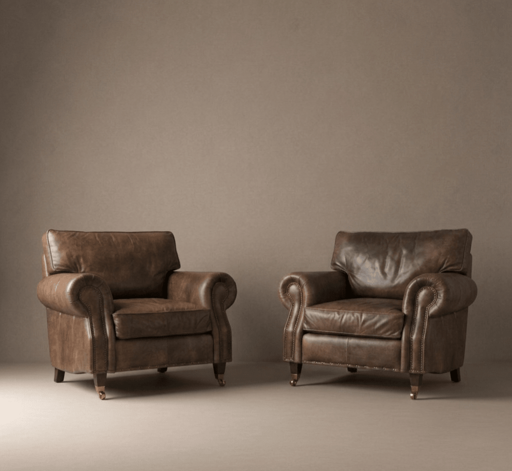 Pair of Old Boot Ltd "Hepburn" Leather Armchairs – Vintage Brown - Opulent Seating