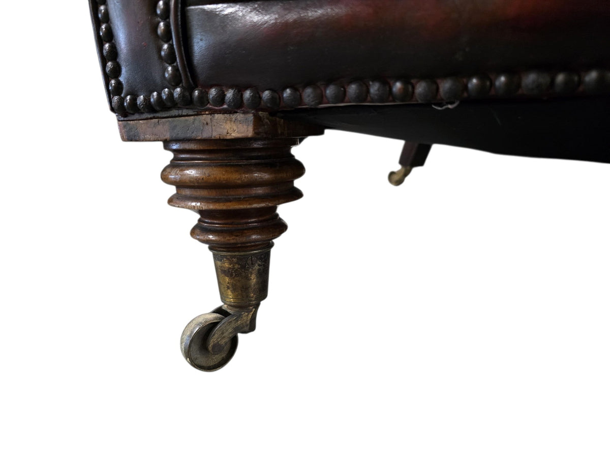 Restored Late Victorian Horsehair Chesterfield Oxblood Leather Three Seater Sofa Hand-Dyed - Opulent Seating