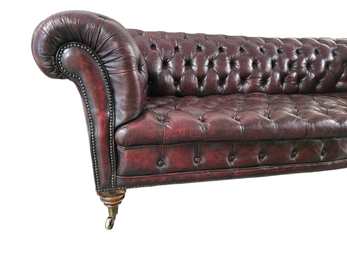 Restored Late Victorian Horsehair Chesterfield Oxblood Leather Three Seater Sofa Hand-Dyed - Opulent Seating