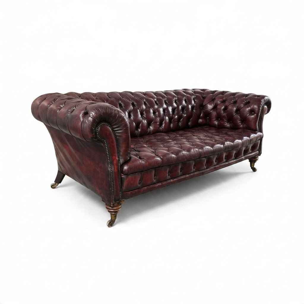 Restored Late Victorian Horsehair Chesterfield Oxblood Leather Three Seater Sofa Hand-Dyed - Opulent Seating