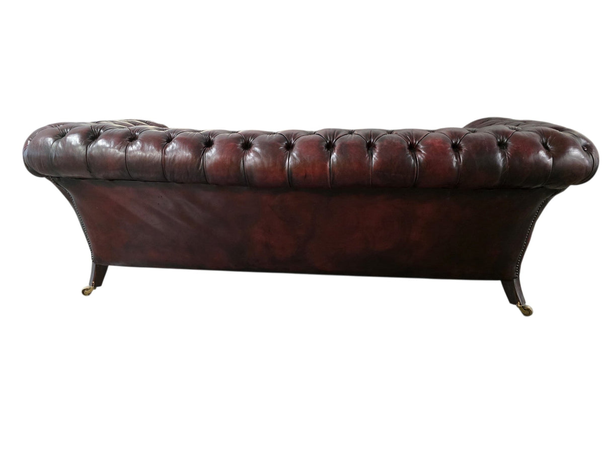 Restored Late Victorian Horsehair Chesterfield Oxblood Leather Three Seater Sofa Hand-Dyed - Opulent Seating