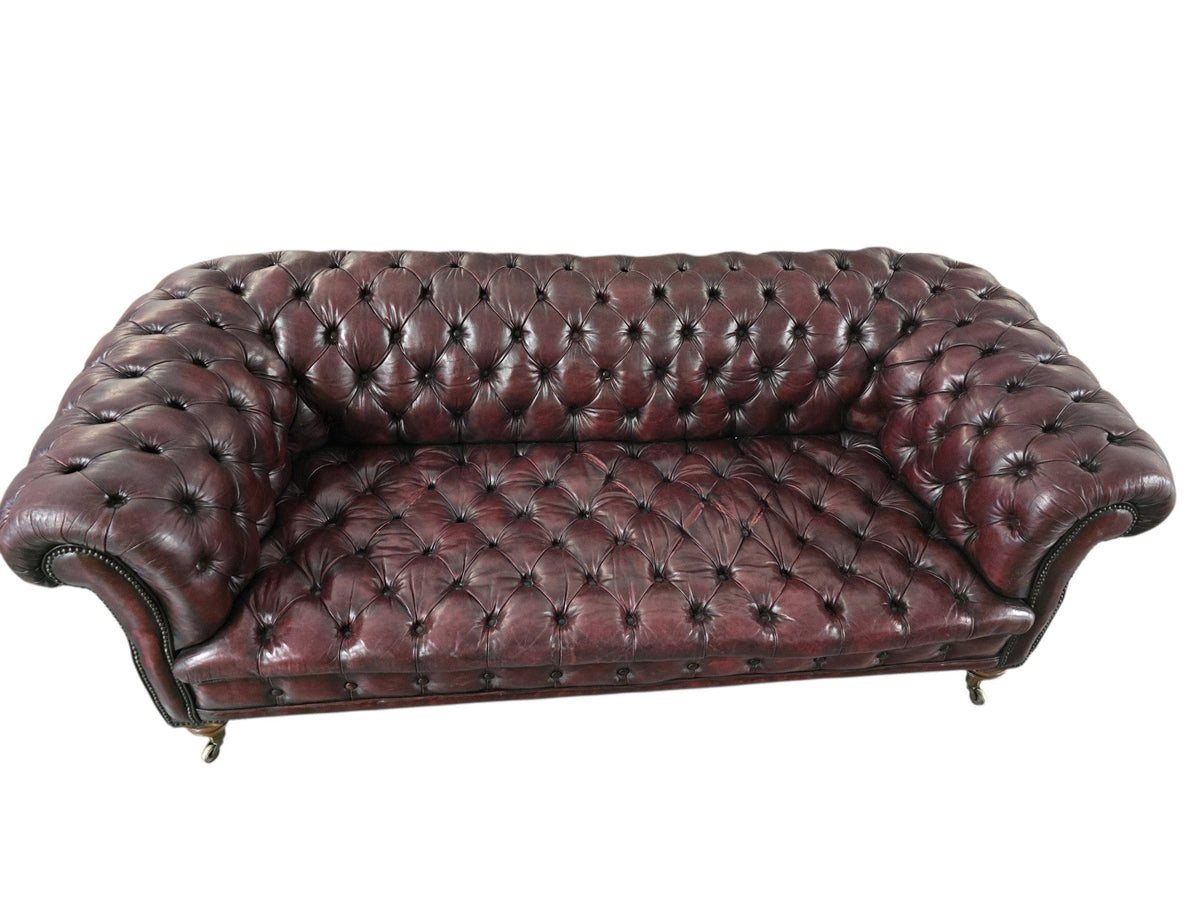 Restored Late Victorian Horsehair Chesterfield Oxblood Leather Three Seater Sofa Hand-Dyed - Opulent Seating