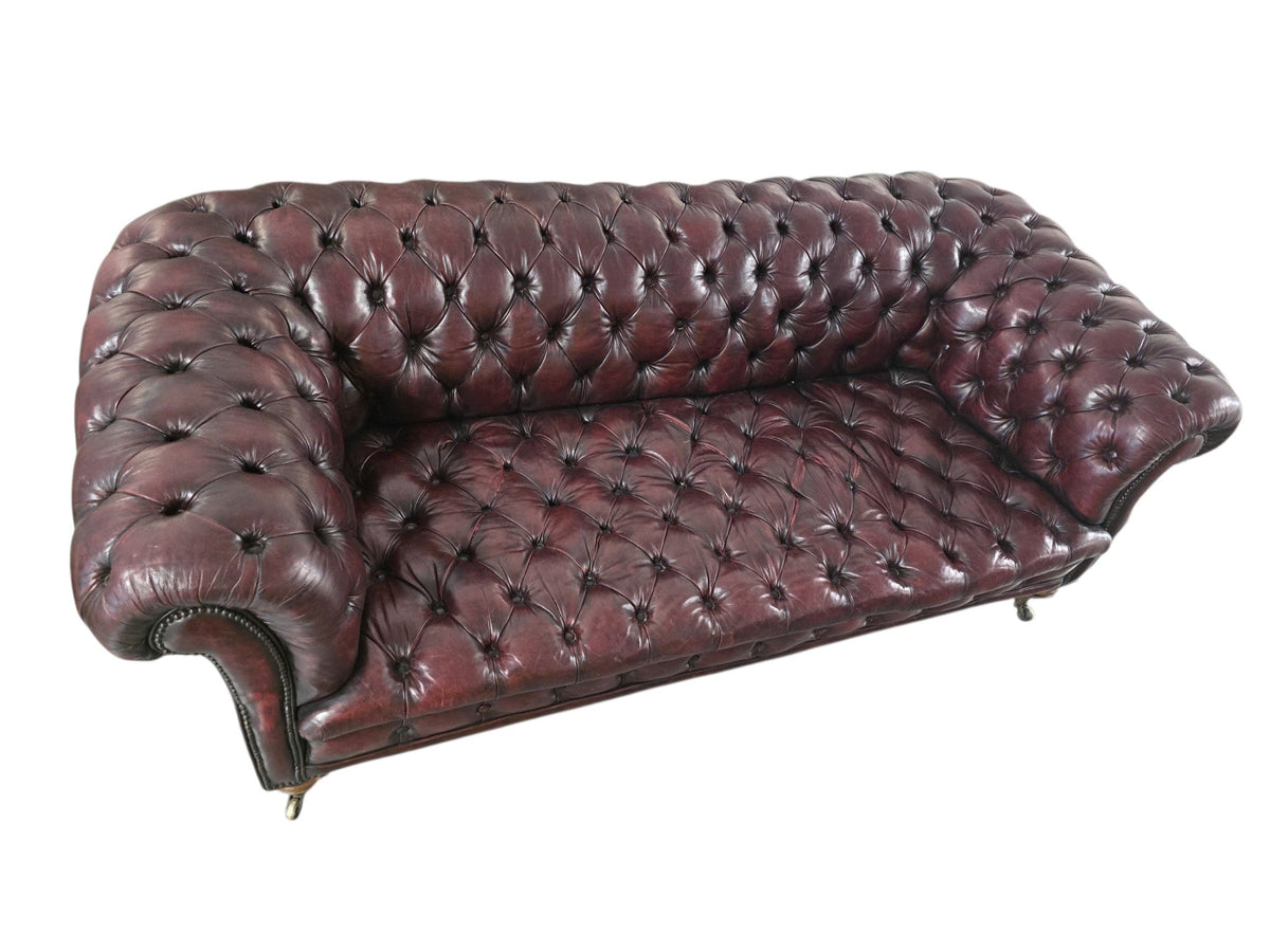 Restored Late Victorian Horsehair Chesterfield Oxblood Leather Three Seater Sofa Hand-Dyed - Opulent Seating