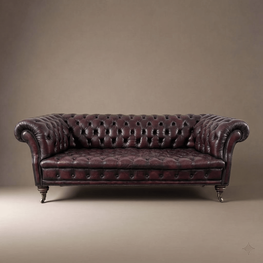 Restored Late Victorian Horsehair Chesterfield Oxblood Leather Three Seater Sofa Hand-Dyed - Opulent Seating