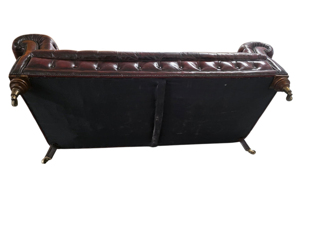 Restored Late Victorian Horsehair Chesterfield Oxblood Leather Three Seater Sofa Hand-Dyed - Opulent Seating