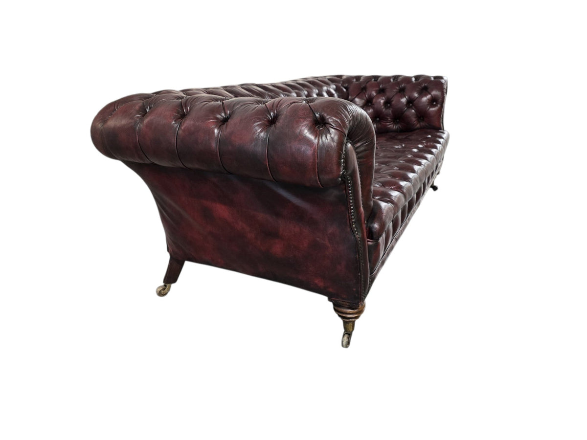 Restored Late Victorian Horsehair Chesterfield Oxblood Leather Three Seater Sofa Hand-Dyed - Opulent Seating