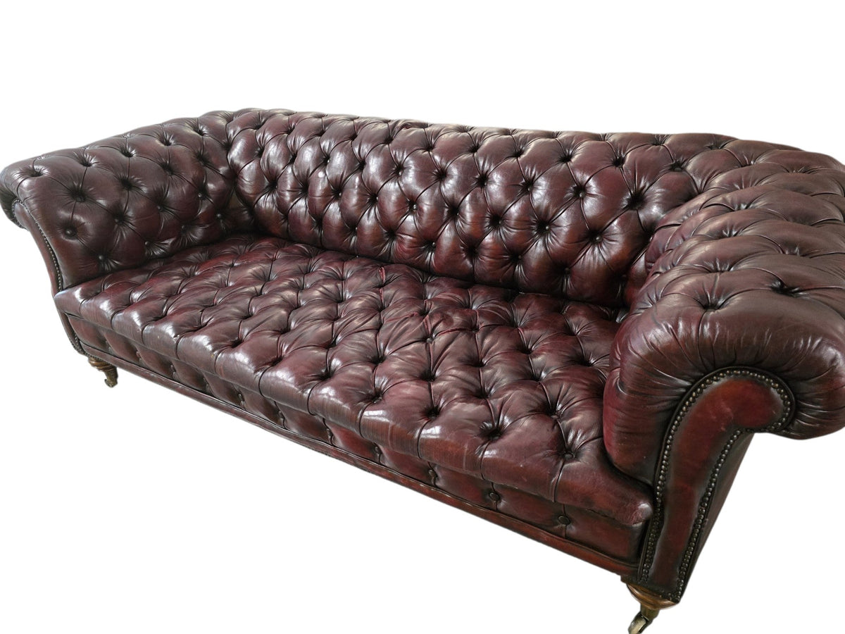 Restored Late Victorian Horsehair Chesterfield Oxblood Leather Three Seater Sofa Hand-Dyed - Opulent Seating
