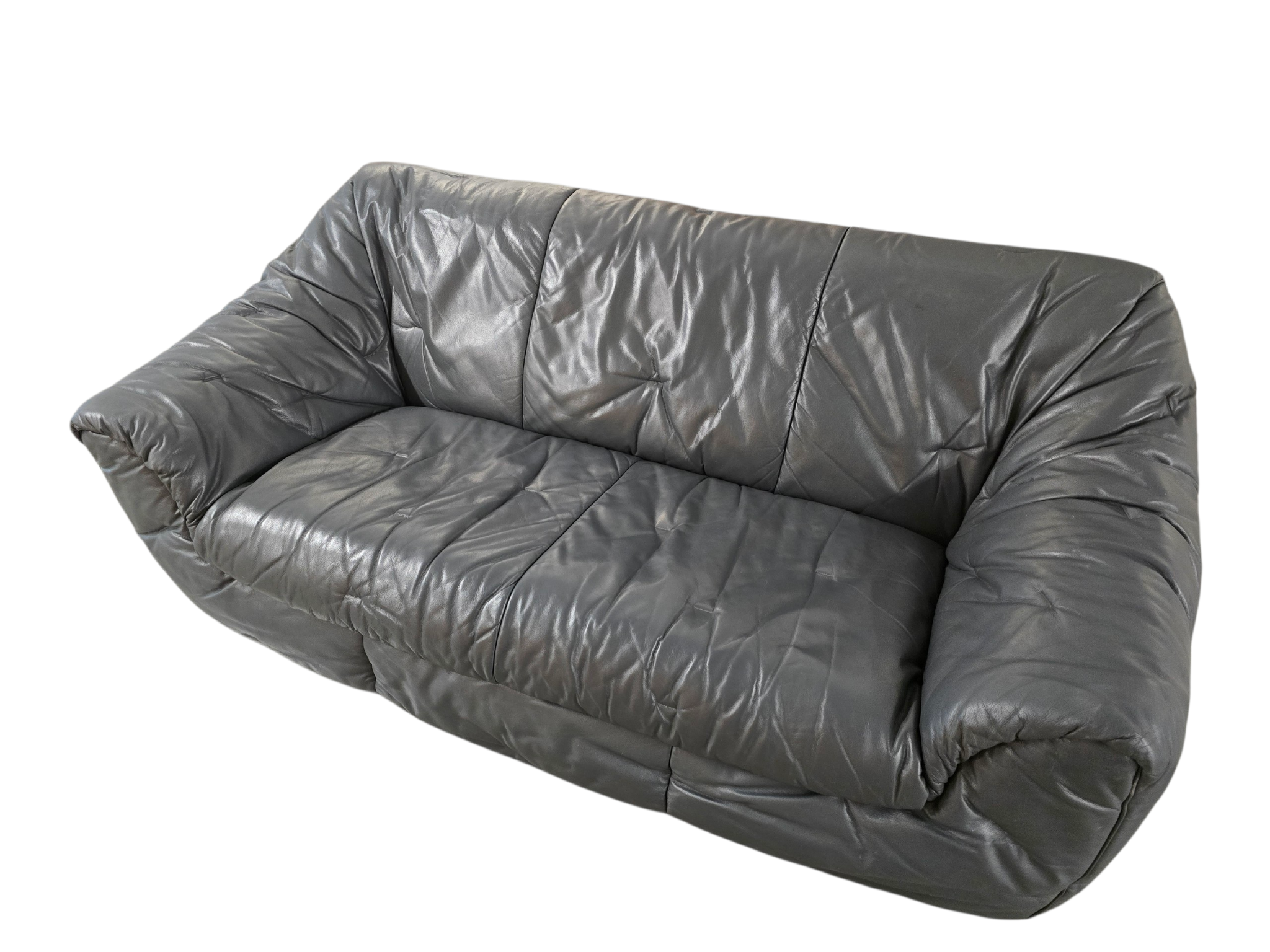 Authentic 1970s Ligne Roset Sloop Sofa | Dark Charcoal Grey Leather | Mid-Century Modern