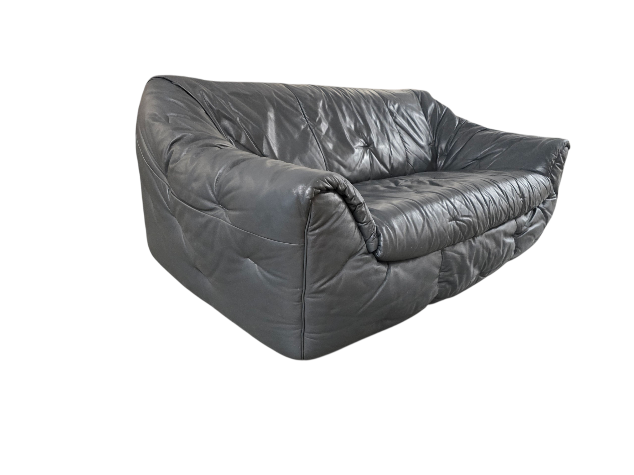 Authentic 1970s Ligne Roset Sloop Sofa | Dark Charcoal Grey Leather | Mid-Century Modern