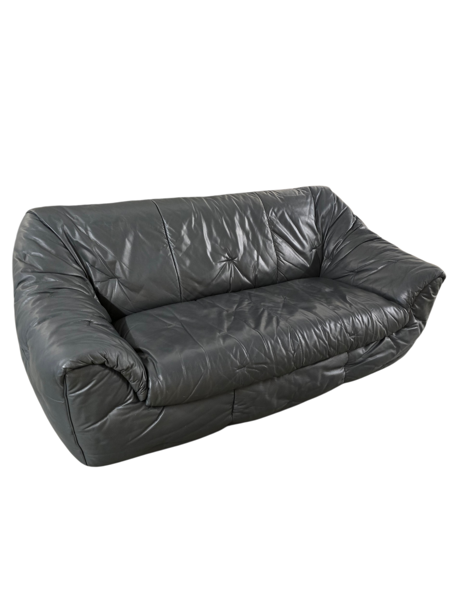 Authentic 1970s Ligne Roset Sloop Sofa | Dark Charcoal Grey Leather | Mid-Century Modern