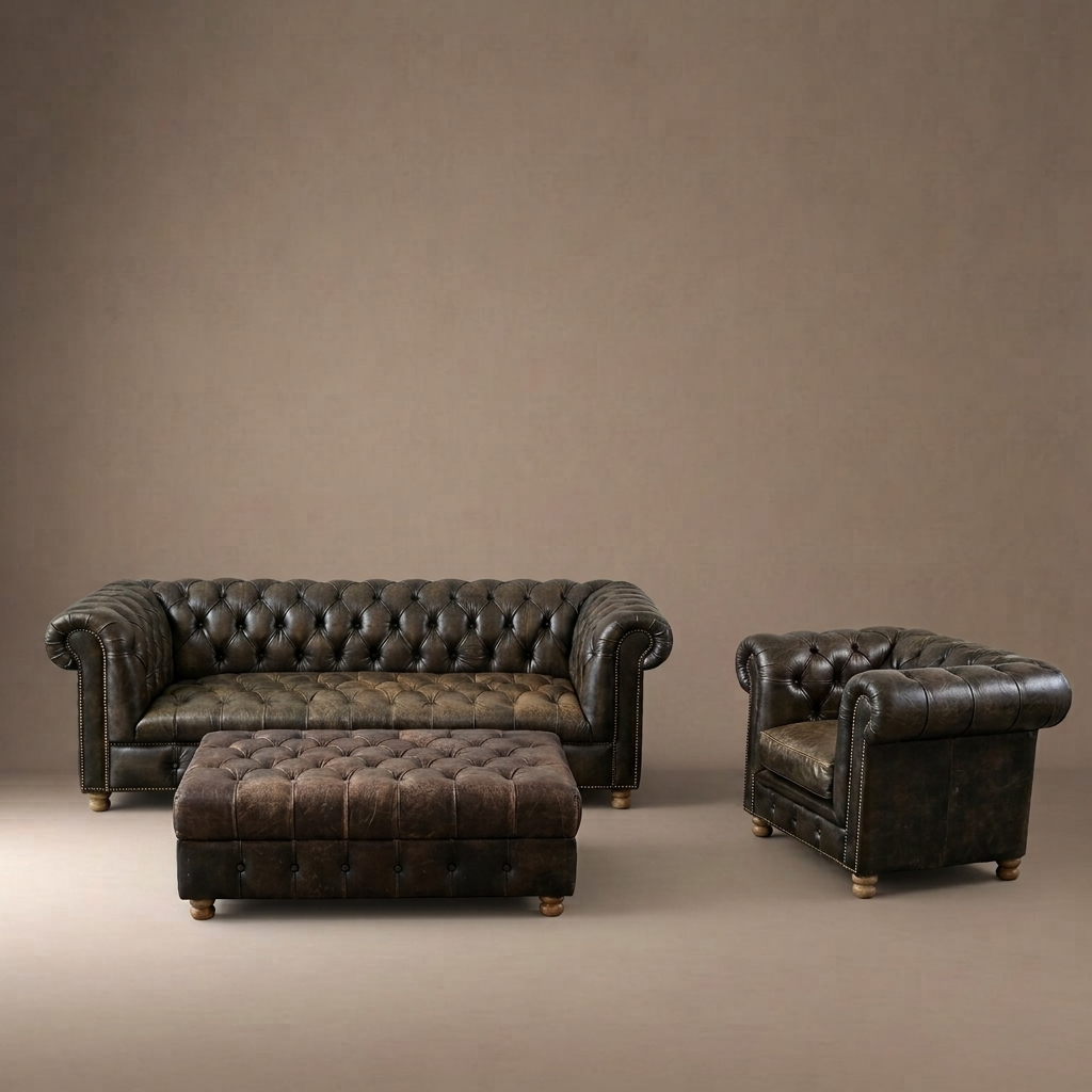 Timothy Oulton Westminster  Three Seater Leather Sofa, Armchair, & Large Ottoman Set
