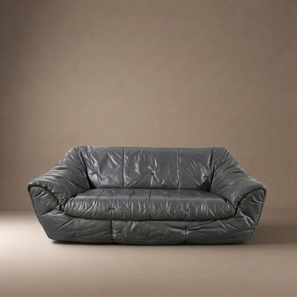 Authentic 1970s Ligne Roset Sloop Sofa | Dark Charcoal Grey Leather | Mid-Century Modern