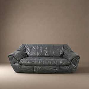 Authentic 1970s Ligne Roset Sloop Sofa | Dark Charcoal Grey Leather | Mid-Century Modern