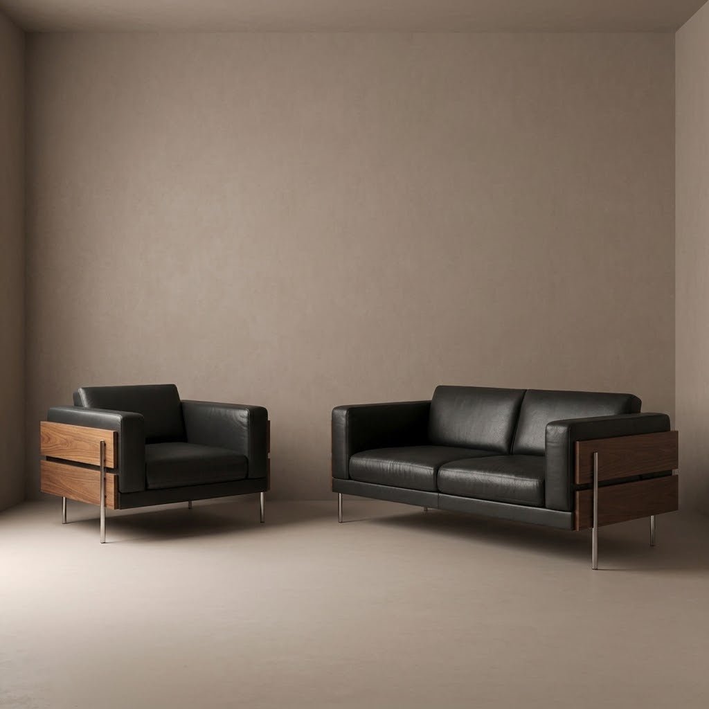Robin Day for Habitat ‘Forum’ Black Leather Two-Seater Sofa & Matching Armchair Set - Opulent Seating