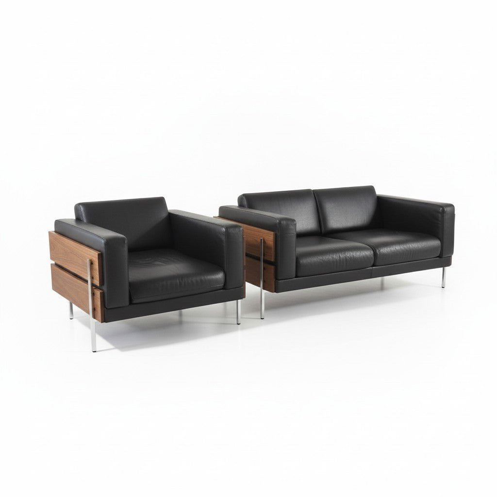 Robin Day for Habitat ‘Forum’ Black Leather Two-Seater Sofa & Matching Armchair Set - Opulent Seating