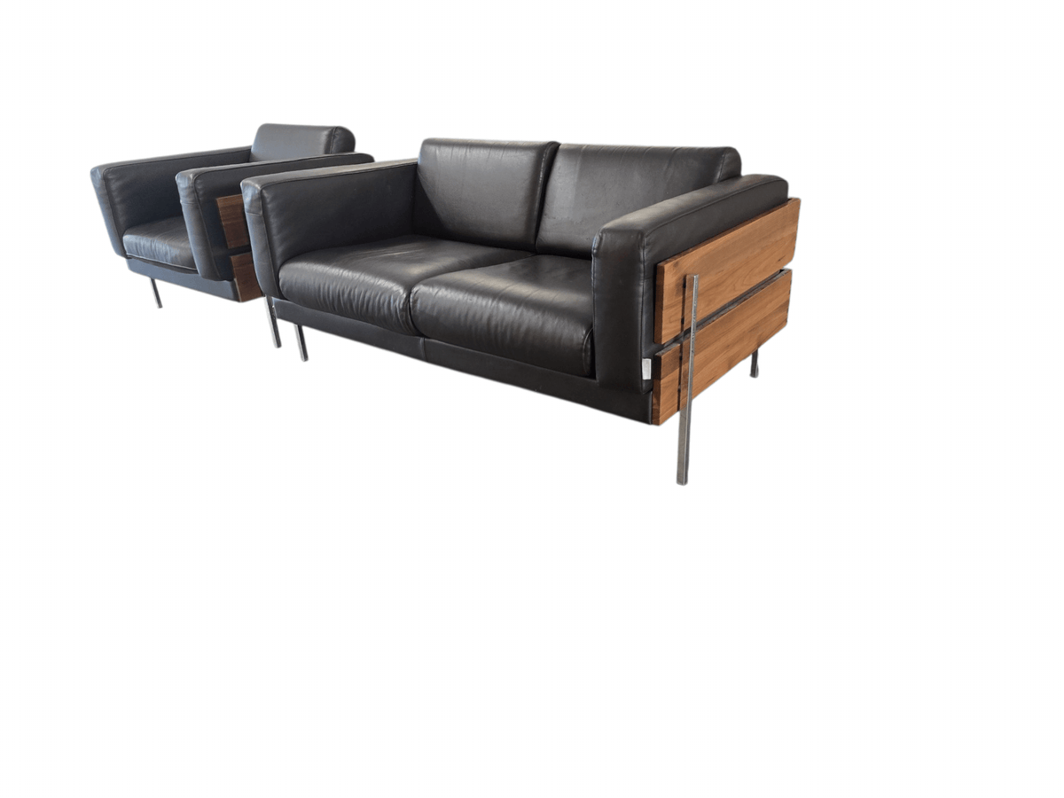 Robin Day for Habitat ‘Forum’ Black Leather Two-Seater Sofa & Matching Armchair Set - Opulent Seating