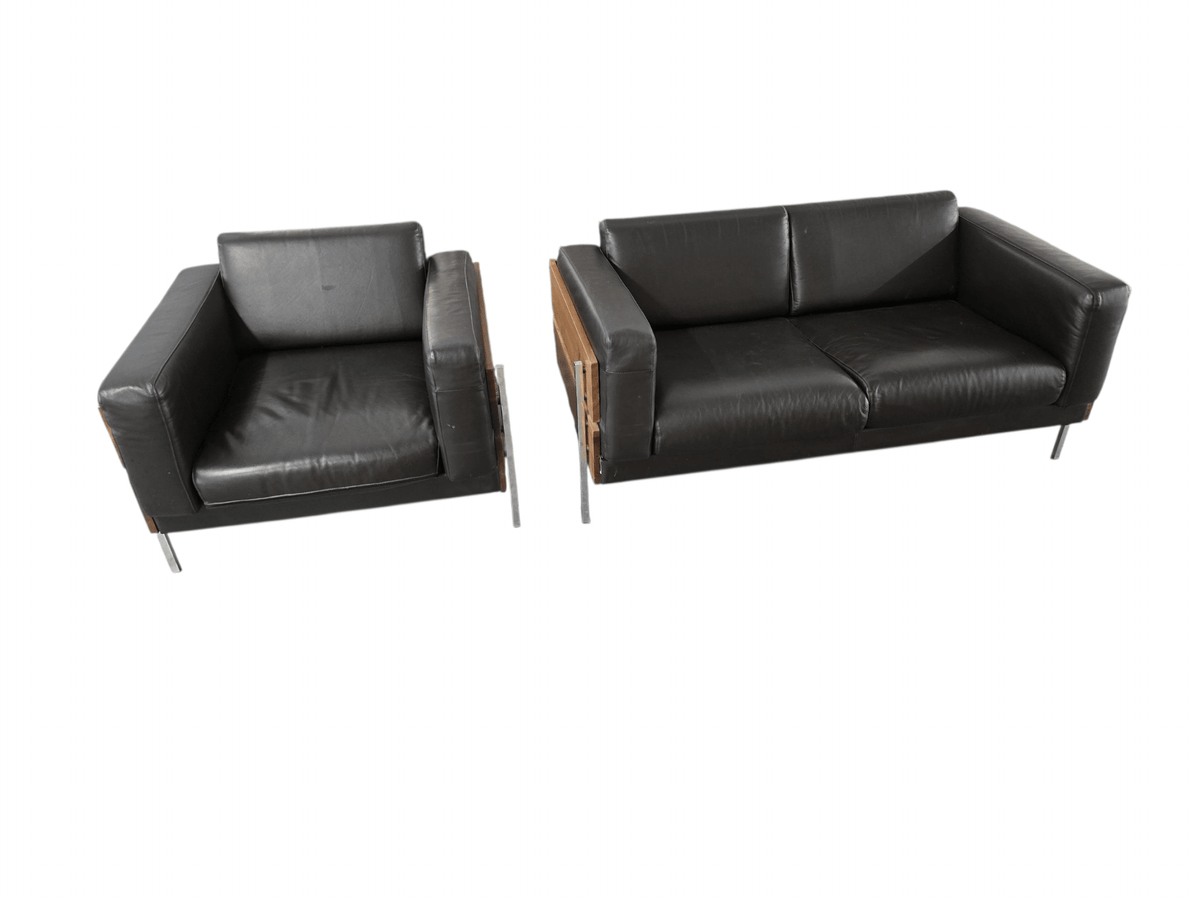 Robin Day for Habitat ‘Forum’ Black Leather Two-Seater Sofa & Matching Armchair Set - Opulent Seating