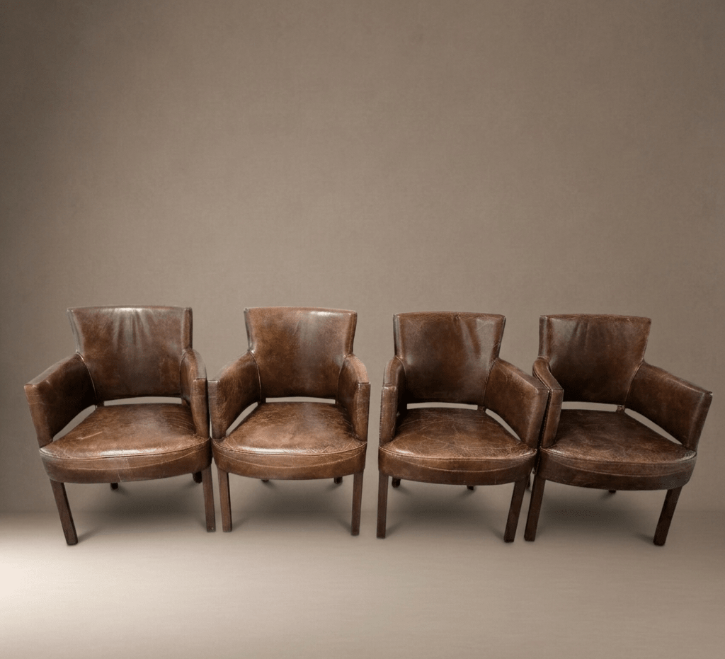 Set of Four Halo Timothy Oulton Leather Brown Dining Chairs - Opulent Seating