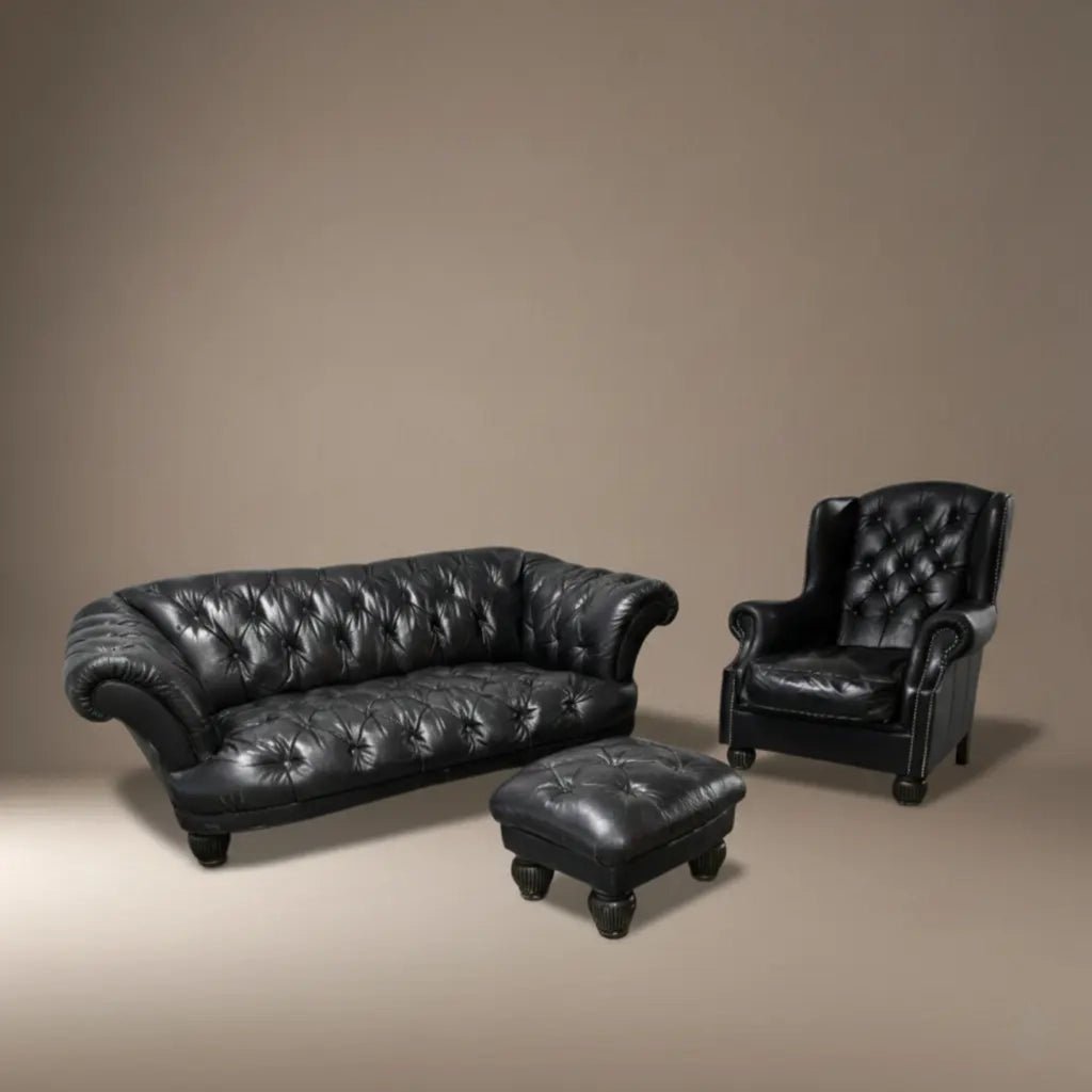 Tetrad Black Chesterfield Leather Oskar Three - Piece Suite: 3 - Seater Sofa, Armchair & Footstool - Opulent Seating