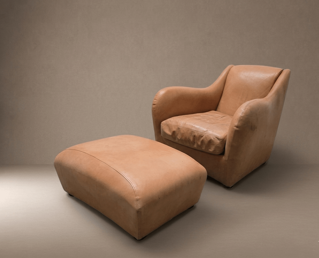 The Iconic Matthew Hilton 'Balzac' Armchair & Footstool | Hand - Dyed Leather - Opulent Seating