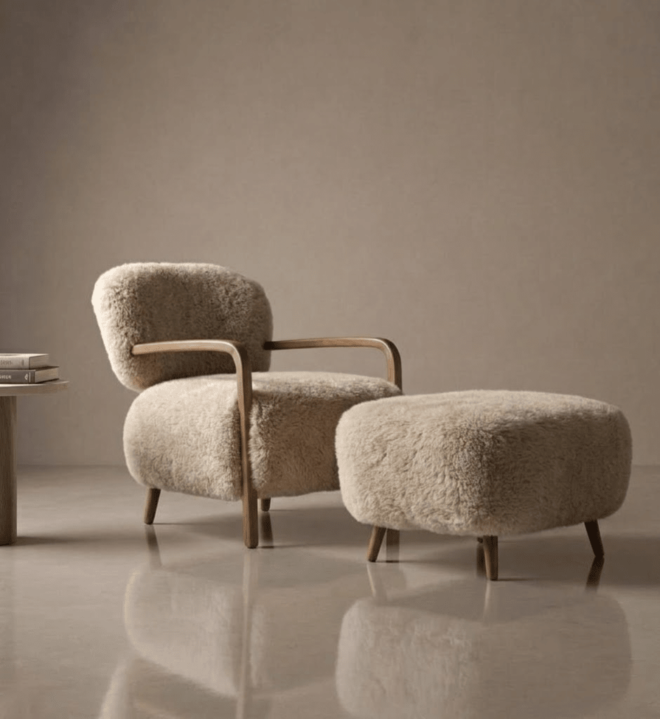 Timothy Oulton Cabana Yeti Sheepskin Armchair & Matching Footstool Set - Opulent Seating