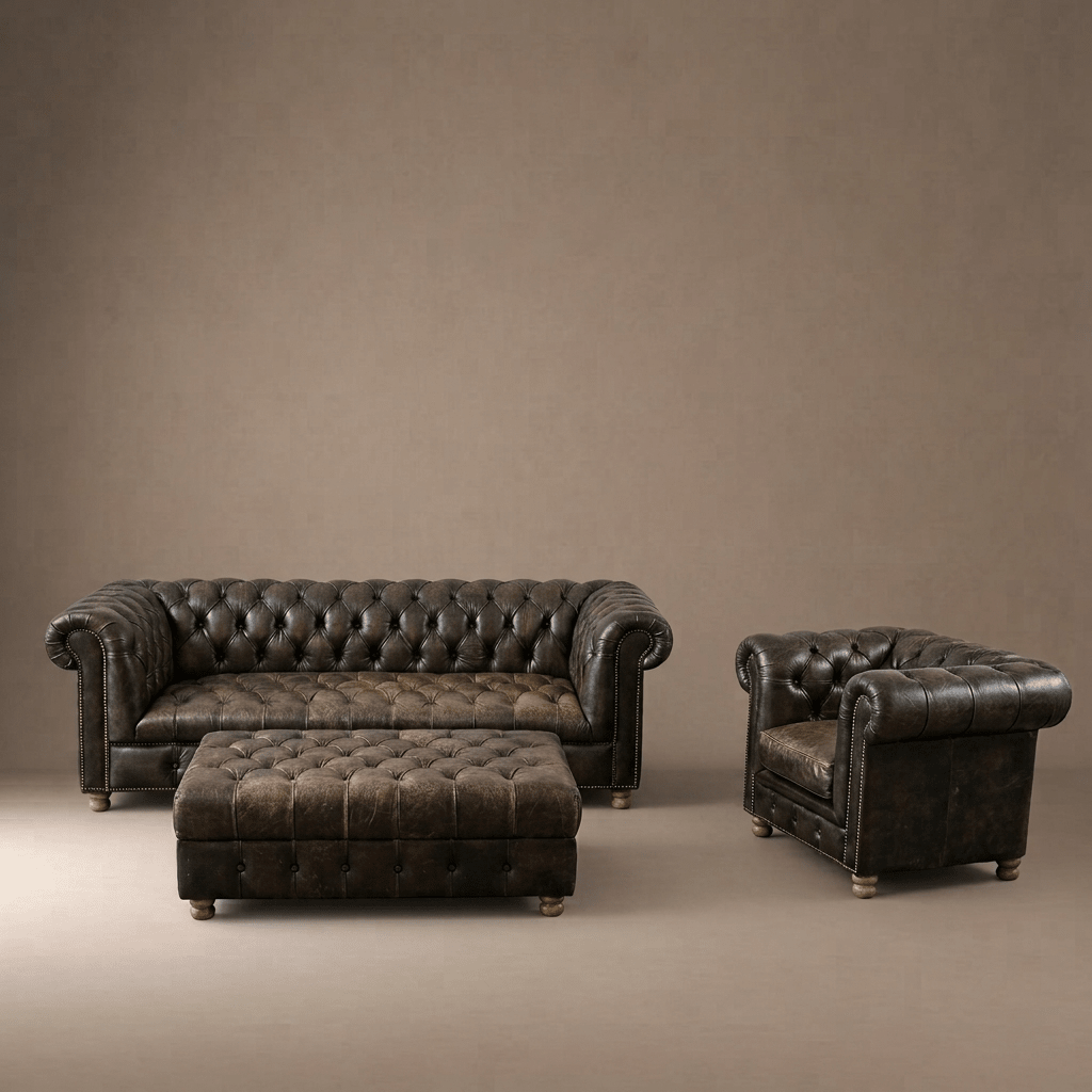 Timothy Oulton Westminster Three Seater Leather Sofa, Armchair, & Large Ottoman Set - Opulent Seating