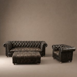 Timothy Oulton Westminster  Three Seater Leather Sofa, Armchair, & Large Ottoman Set