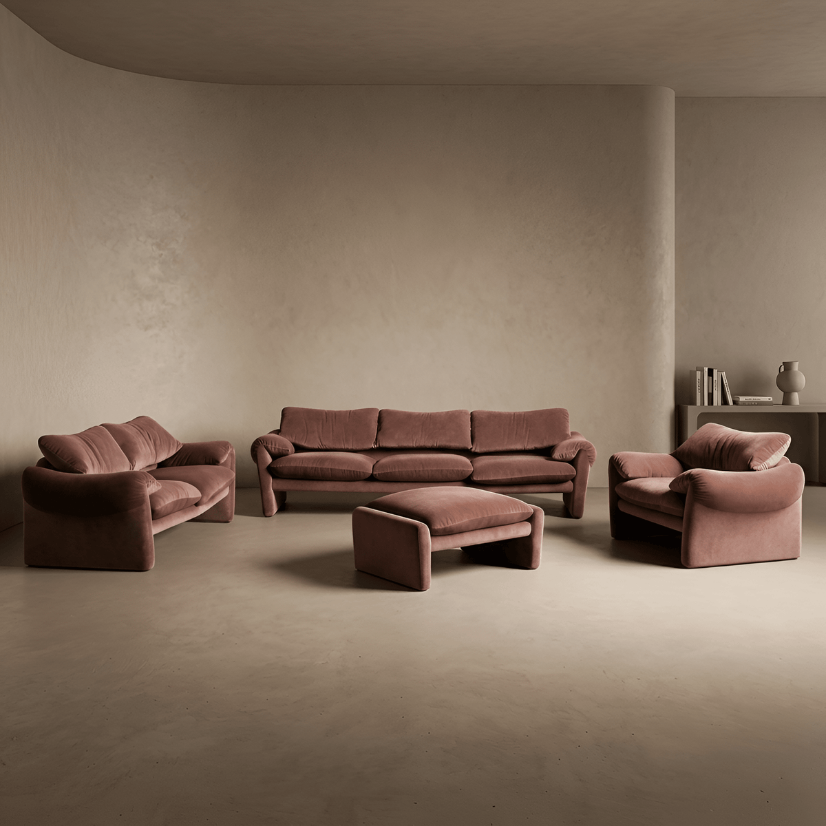 Vintage 1970s First Edition Cassina Maralunga 4 Piece Sofa Set in Dusty-Rose Velvet - Opulent Seating