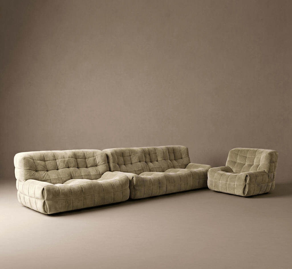 Vintage 3 Piece Ligne Roset "Kashima" Sofa Set in Pistachio Green Chenille - Opulent Seating