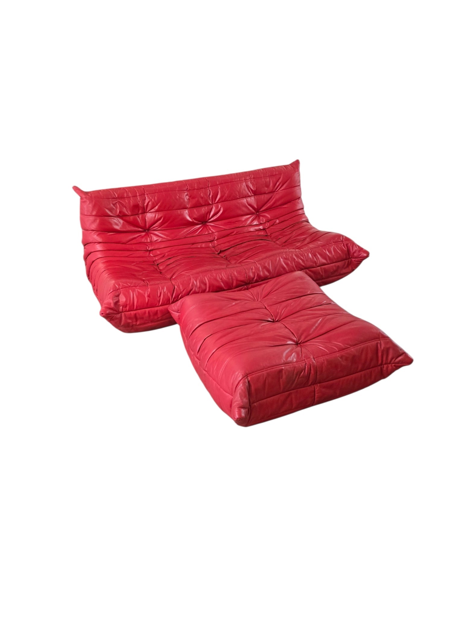 Vintage Roset Red Leather Three Seater Togo Sofa & Footstool | Michel Ducaroy - Opulent Seating