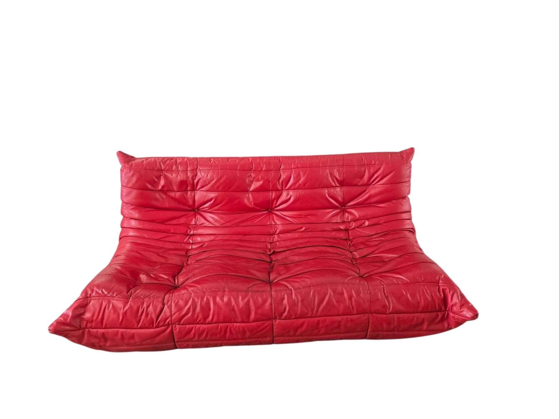 Vintage Roset Red Leather Three Seater Togo Sofa & Footstool | Michel Ducaroy - Opulent Seating