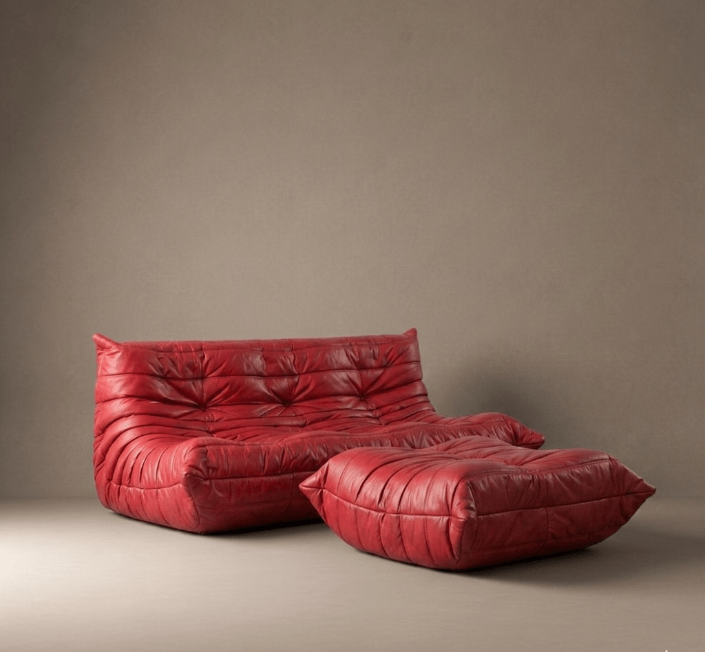 Vintage Roset Red Leather Three Seater Togo Sofa & Footstool | Michel Ducaroy - Opulent Seating